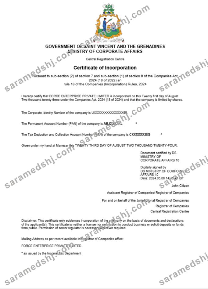 Saint Vincent and the Grenadines business registration certificate Word and PDF template